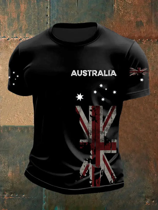 Vintage Australian Flag Badge Print Casual Cotton Short Sleeve T-Shirt Black / S