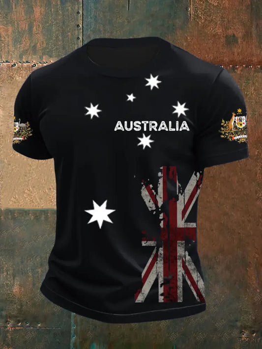 Vintage Australian Flag Badge Print Casual Cotton Short Sleeve T-Shirt Black / S
