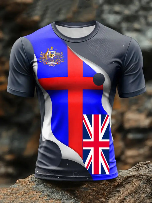 Vintage Australian Flag Badge Print Casual Cotton Short Sleeve T-Shirt Blue / S