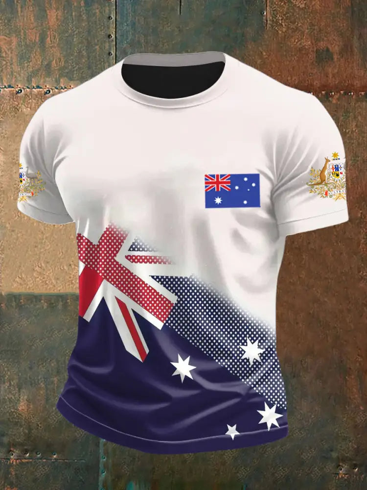 Vintage Australian Flag Badge Print Casual Cotton Short Sleeve T-Shirt Blue / S