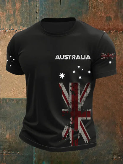 Vintage Australian Flag Badge Print Casual Cotton Short Sleeve T-Shirt Dark Gray / S