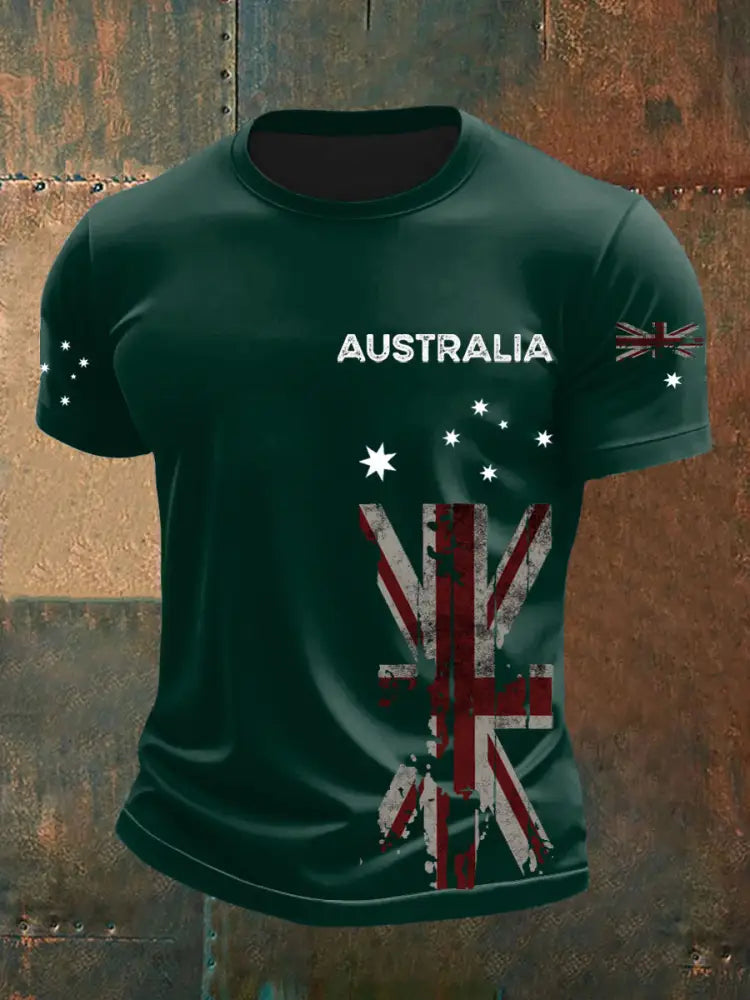 Vintage Australian Flag Badge Print Casual Cotton Short Sleeve T-Shirt Green / S