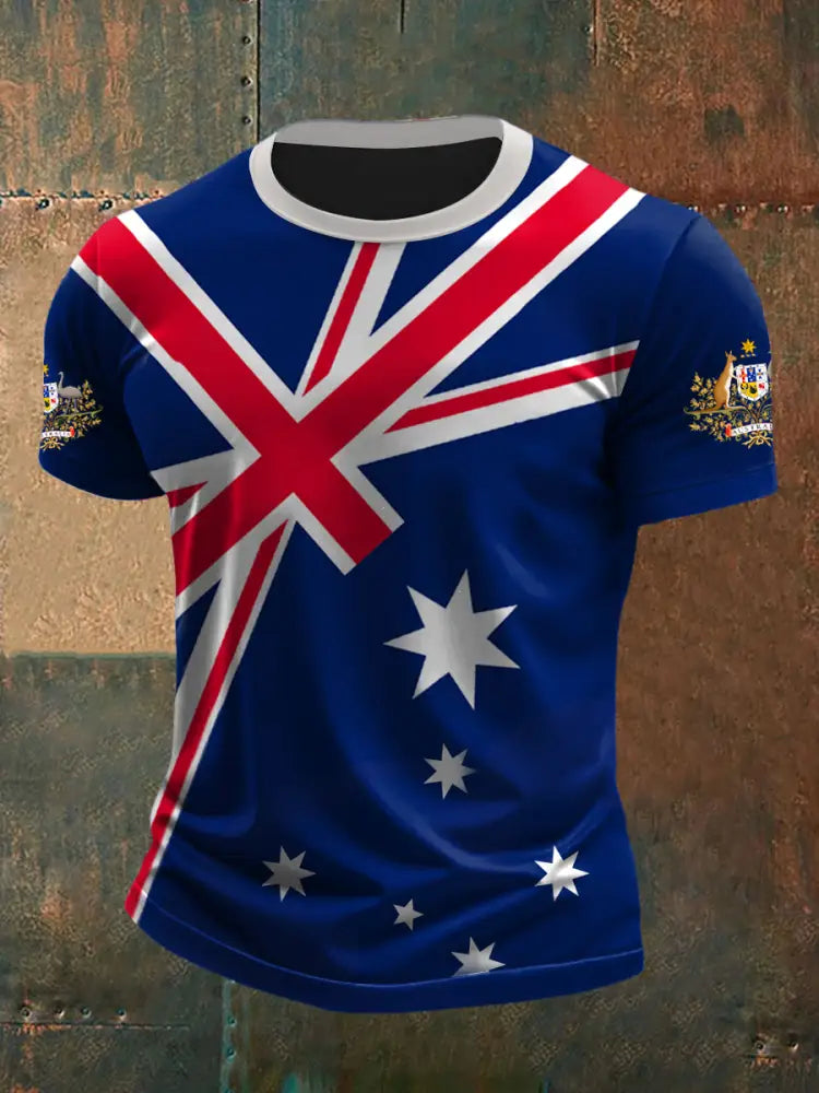 Vintage Australian Flag Badge Print Casual Cotton Short Sleeve T-Shirt Navy Blue / S