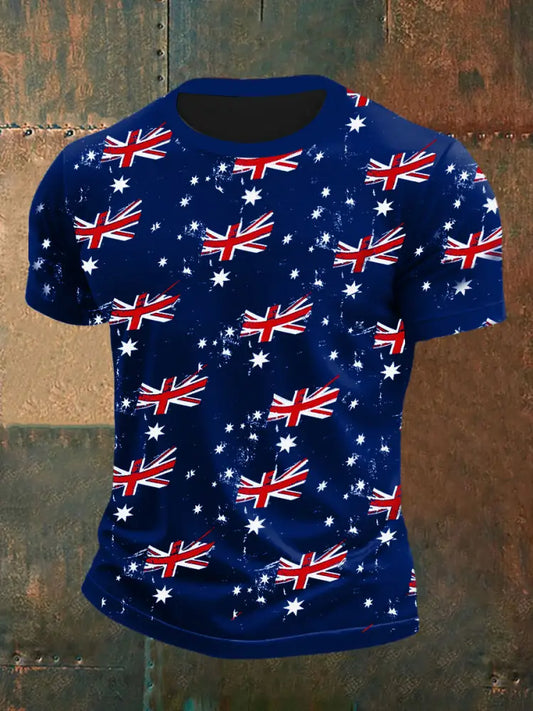 Vintage Australian Flag Badge Print Casual Cotton Short Sleeve T-Shirt Navy Blue / S