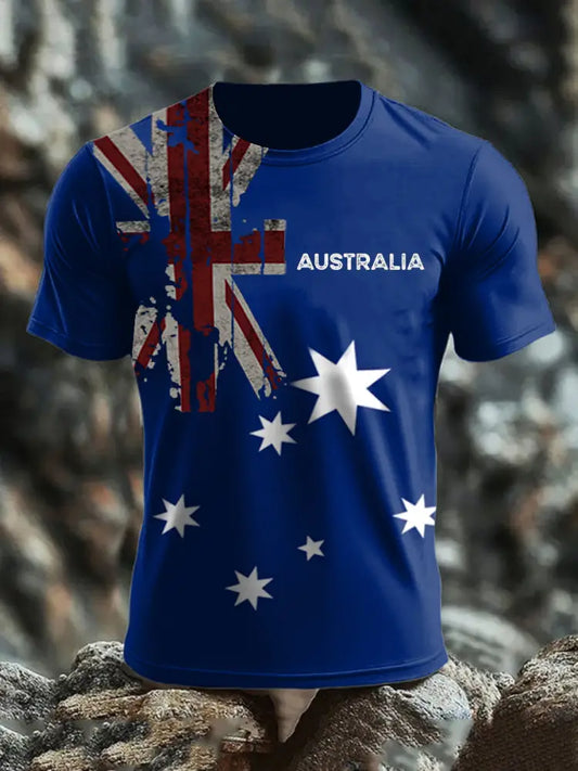 Vintage Australian Flag Badge Print Casual Cotton Short Sleeve T-Shirt Navy Blue / S