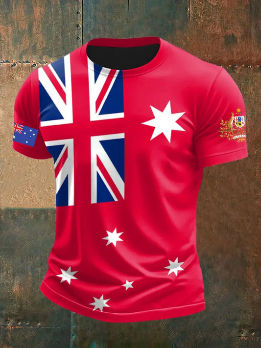 Vintage Australian Flag Badge Print Casual Cotton Short Sleeve T-Shirt Red / S