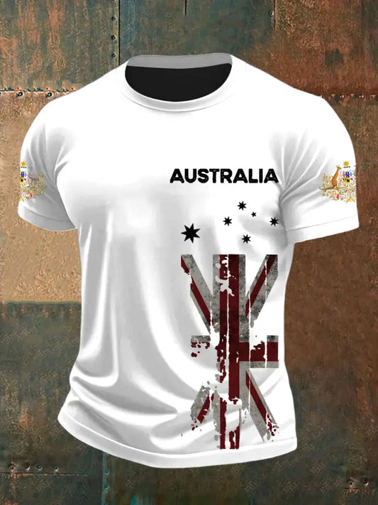 Vintage Australian Flag Badge Print Casual Cotton Short Sleeve T-Shirt White / S