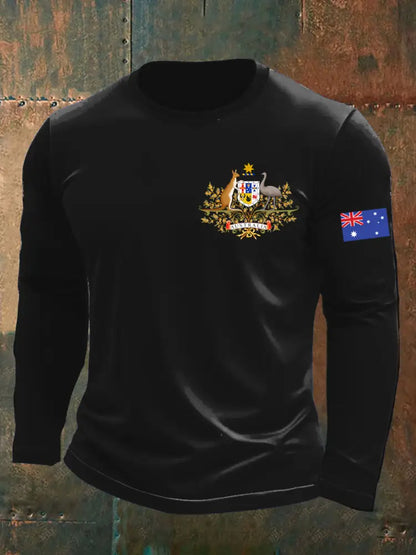 Vintage Australian Flag Badge Print Casual Long Sleeve Round Neck T-Shirt Black / S