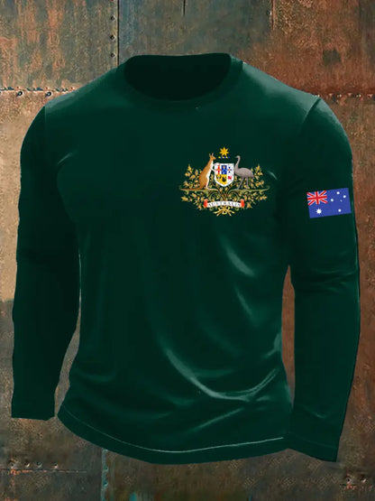 Vintage Australian Flag Badge Print Casual Long Sleeve Round Neck T-Shirt Green / S