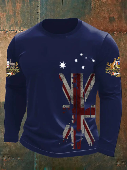 Vintage Australian Flag Badge Print Casual Long Sleeve Round Neck T-Shirt Navy Blue / S