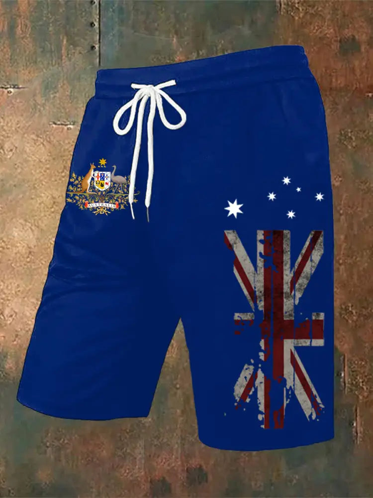 Vintage Australian Flag Badge Print Casual Pocket Drawstring Shorts Gray / S