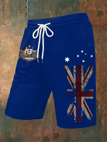 Vintage Australian Flag Badge Print Casual Pocket Drawstring Shorts Gray / S