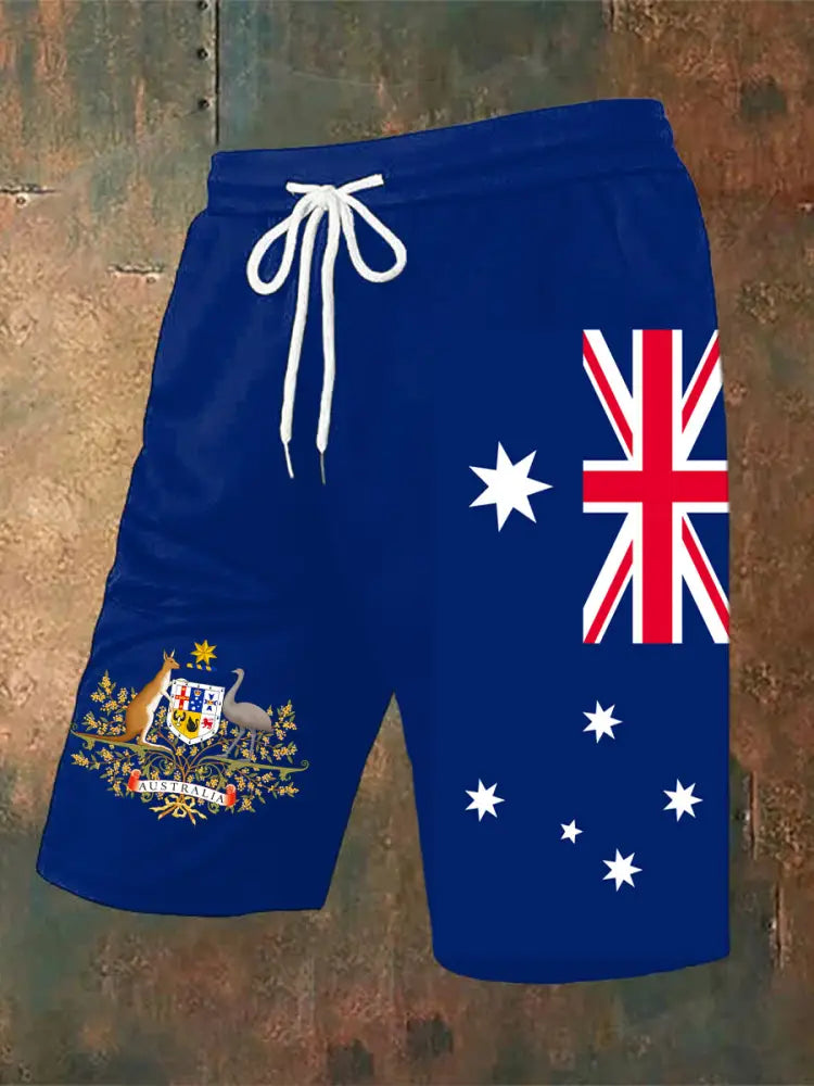 Vintage Australian Flag Badge Print Casual Pocket Drawstring Shorts Navy Blue / S