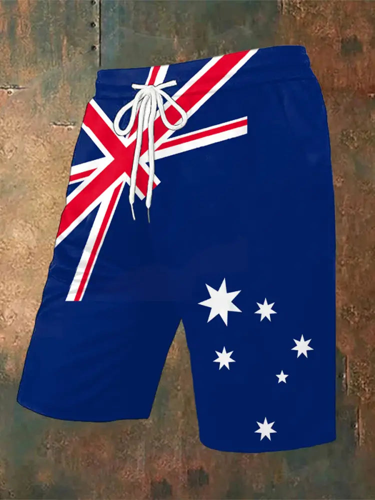 Vintage Australian Flag Badge Print Casual Pocket Drawstring Shorts Navy Blue / S
