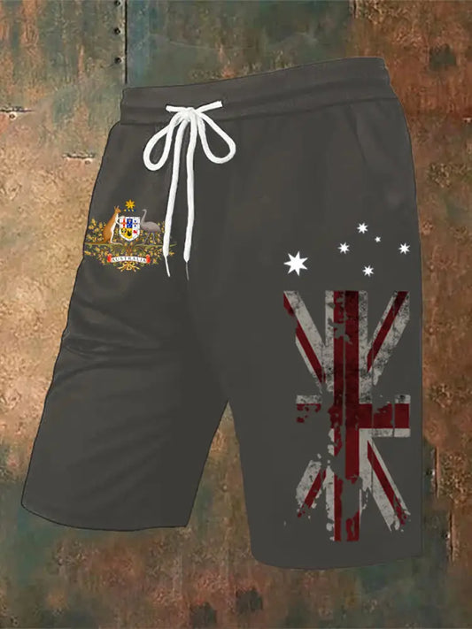Vintage Australian Flag Badge Print Casual Pocket Drawstring Shorts Navy Blue / S