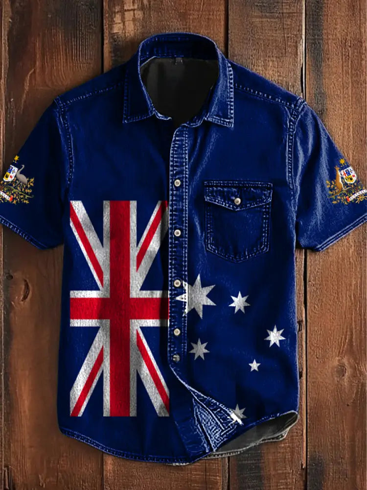 Vintage Australian Flag Badge Print Casual Short Sleeve Pocket Shirt Blue / S