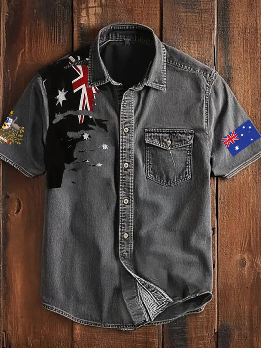 Vintage Australian Flag Badge Print Casual Short Sleeve Pocket Shirt Gray / S