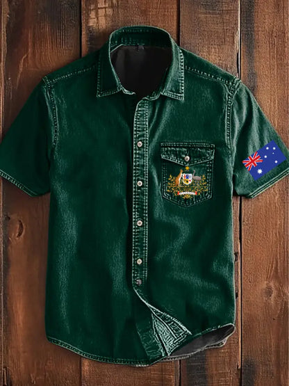 Vintage Australian Flag Badge Print Casual Short Sleeve Pocket Shirt Green / S