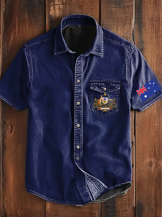 Vintage Australian Flag Badge Print Casual Short Sleeve Pocket Shirt Navy Blue / S