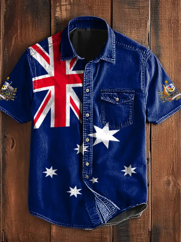 Vintage Australian Flag Badge Print Casual Short Sleeve Pocket Shirt Navy Blue / S