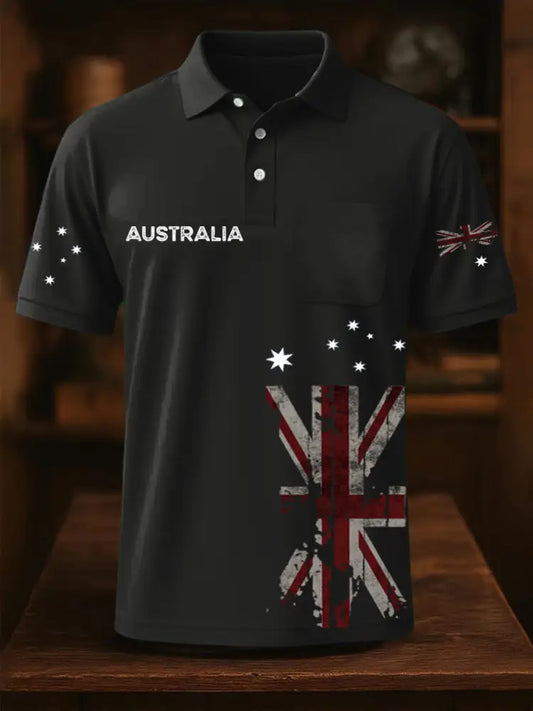 Vintage Australian Flag Badge Printed Casual Cotton Short Sleeve Pocket Polo Shirt Gray / S