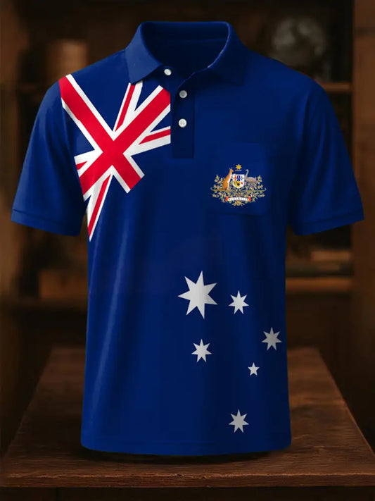 Vintage Australian Flag Badge Printed Casual Cotton Short Sleeve Pocket Polo Shirt Navy Blue / S