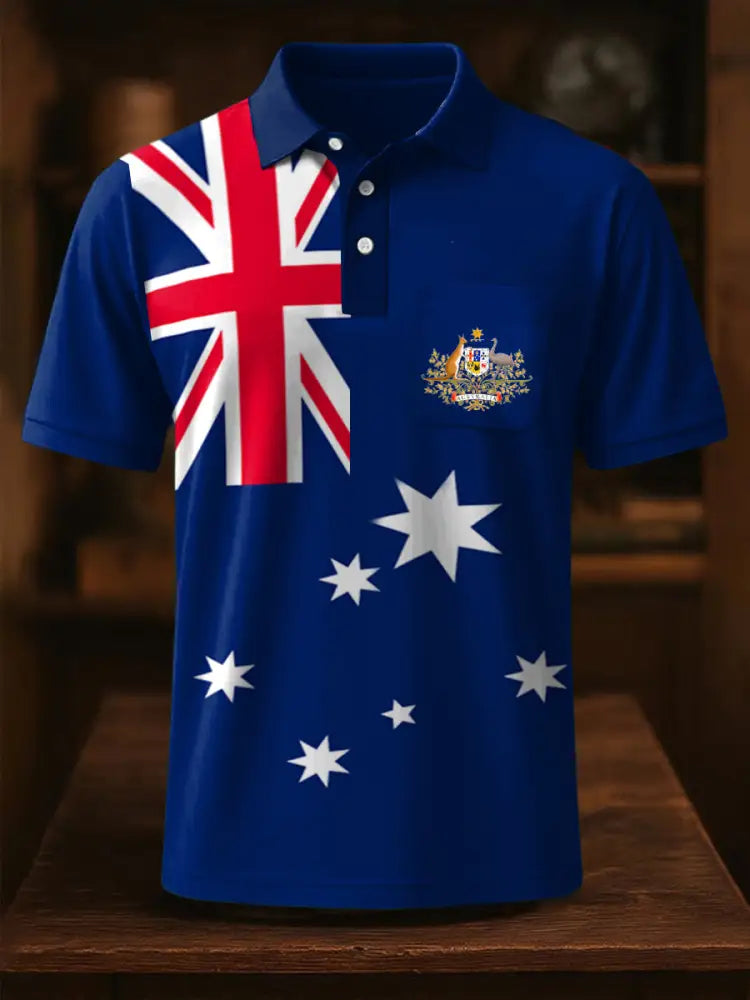 Vintage Australian Flag Badge Printed Casual Cotton Short Sleeve Pocket Polo Shirt Navy Blue / S