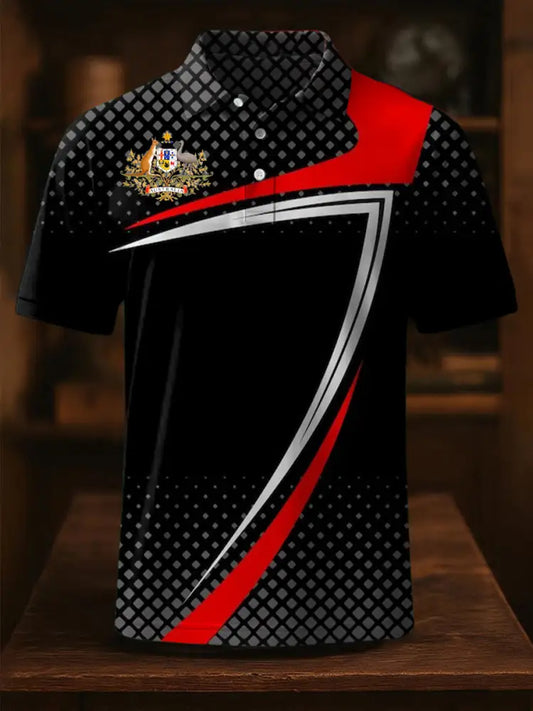 Vintage Australian Flag Coat of Arms Line Printed Casual Cotton Short Sleeve Polo Shirt Black / S