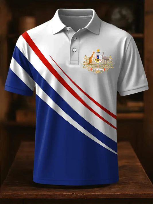 Vintage Australian Flag Coat of Arms Line Printed Casual Cotton Short Sleeve Polo Shirt Blue / S