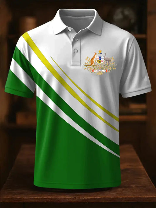 Vintage Australian Flag Coat of Arms Line Printed Casual Cotton Short Sleeve Polo Shirt Green / S