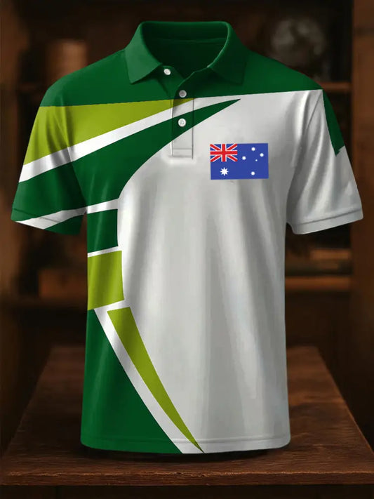 Vintage Australian Flag Coat of Arms Line Printed Casual Cotton Short Sleeve Polo Shirt Green / S