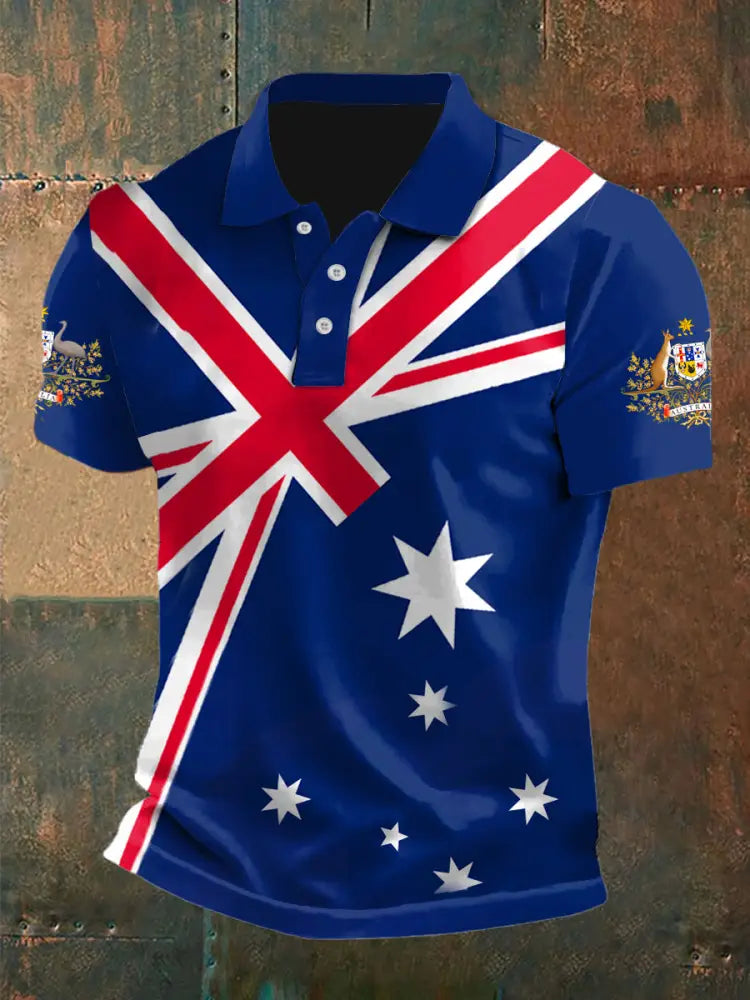 Vintage Australian Flag Crest Printed Casual Cotton Short Sleeve Polo Shirt Navy Blue / S