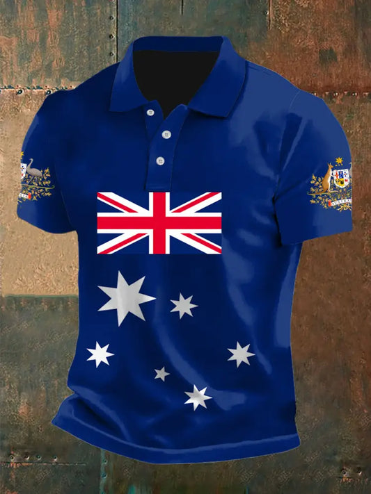 Vintage Australian Flag Crest Printed Casual Cotton Short Sleeve Polo Shirt Navy Blue / S