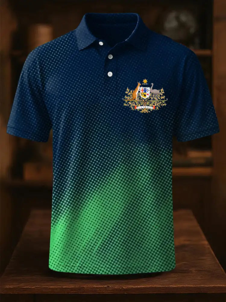 Vintage Australian Flag Crest Ripple Printed Casual Cotton Short Sleeve Polo Shirt Green / S