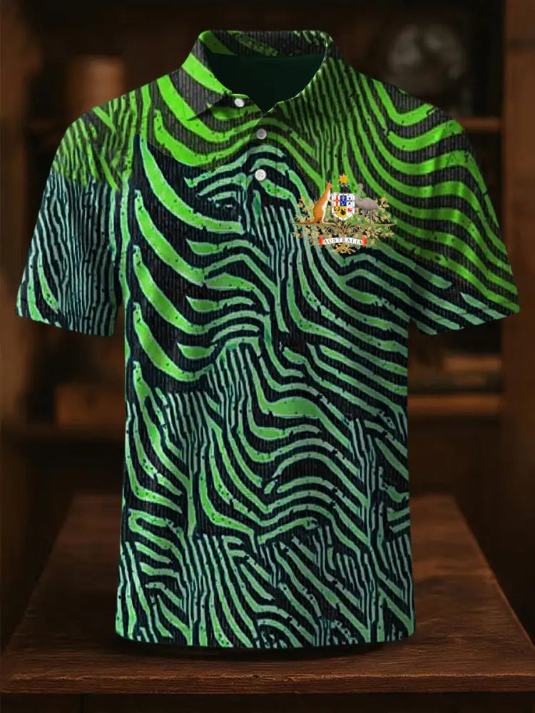 Vintage Australian Flag Crest Ripple Printed Casual Cotton Short Sleeve Polo Shirt Green / S