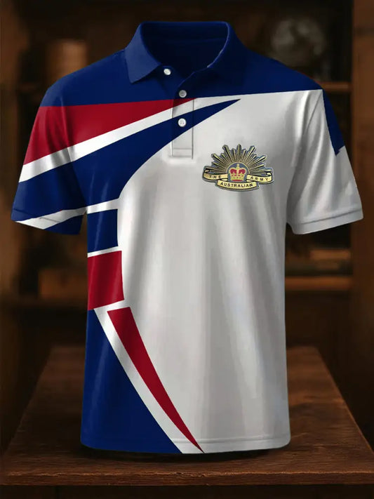 Vintage Australian Flag Crown Line Printed Casual Cotton Short Sleeve Polo Shirt Blue / S