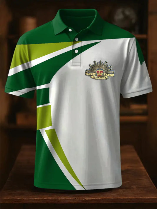 Vintage Australian Flag Crown Line Printed Casual Cotton Short Sleeve Polo Shirt Green / S