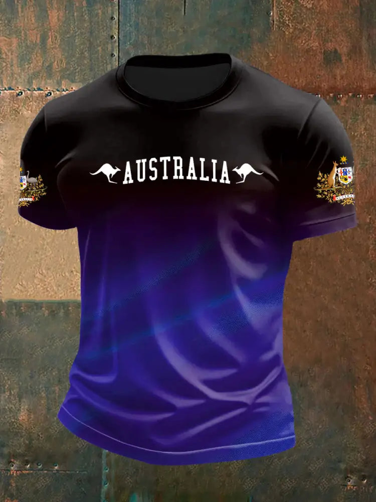 Vintage Australian Flag Emblem Gradient Print Casual Cotton Short Sleeve T-Shirt Blue / S