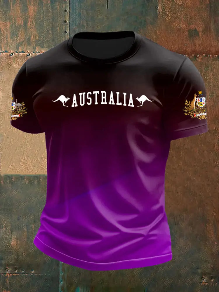 Vintage Australian Flag Emblem Gradient Print Casual Cotton Short Sleeve T-Shirt Purple / S