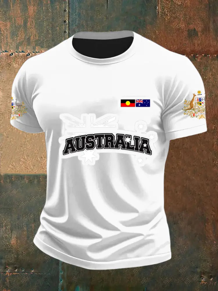 Vintage Australian Flag Emblem Print Casual Cotton Short Sleeve T-Shirt White / S