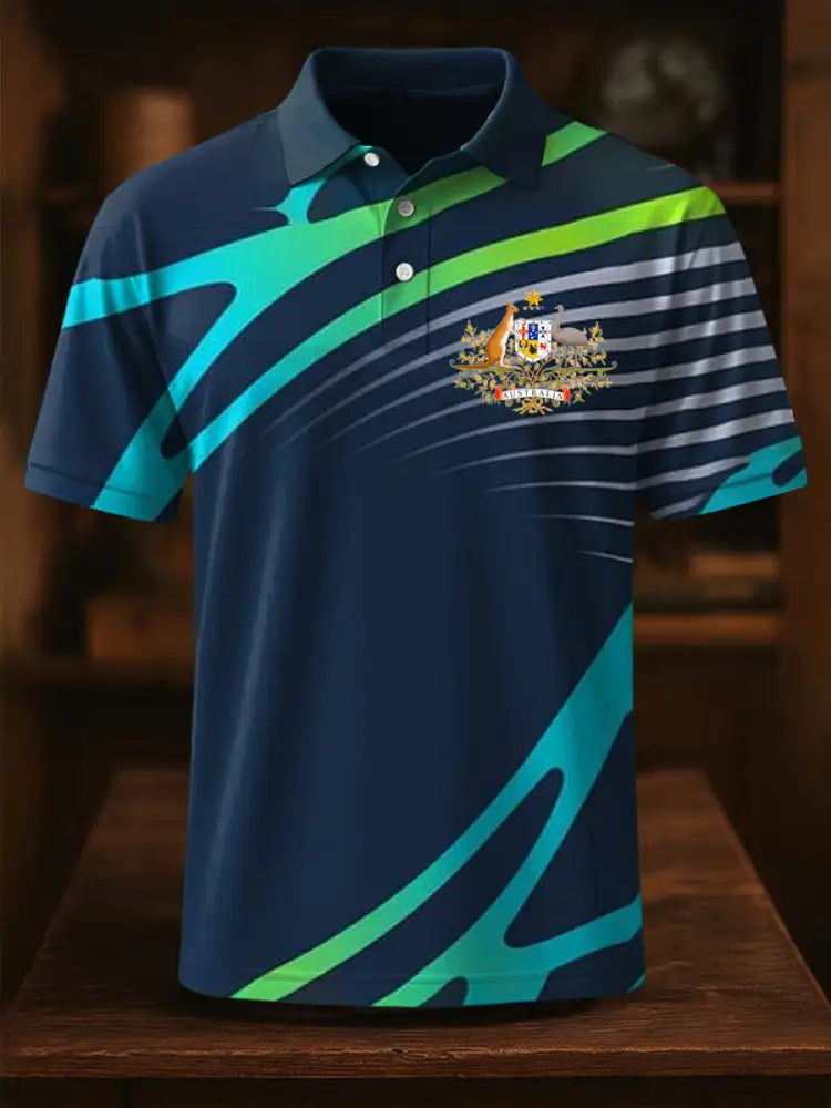 Vintage Australian Flag Insignia Line Printed Casual Cotton Short Sleeve Polo Shirt Navy Blue / S