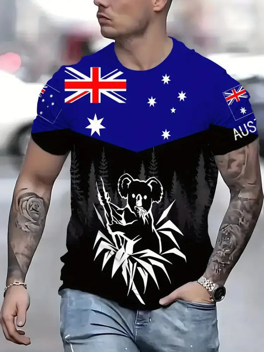 Vintage Australian Flag Koala Print Casual Cotton Short Sleeve T-Shirt