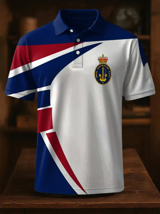 Vintage Australian Flag Navy Coat of Arms Line Printed Casual Cotton Short Sleeve Polo Shirt Blue / S