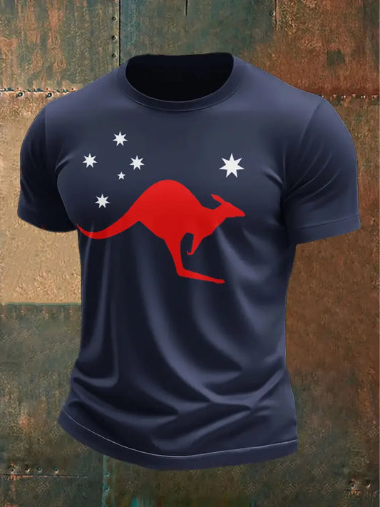 Vintage Australian Kangaroo Flag Print Casual Crew Neck T-Shirt Colorful / S
