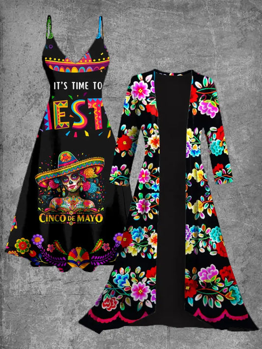 Vintage Mexican flowers Art Print Slip Dress Two-Piece Midi Dress A / S Women’s Clothing