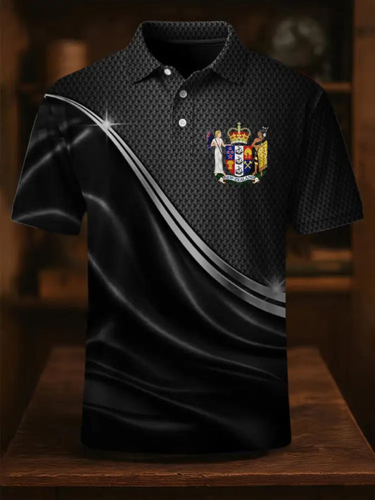 Vintage New Zealand Flag Badge Lines Printed Casual Cotton Short Sleeve Polo Shirt Black / S