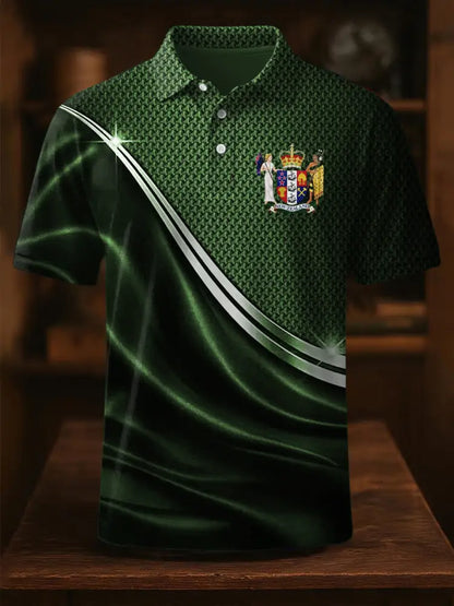 Vintage New Zealand Flag Badge Lines Printed Casual Cotton Short Sleeve Polo Shirt Green / S