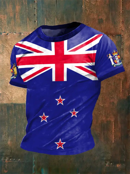 Vintage New Zealand Flag Badge Print Casual Cotton Short Sleeve T-Shirt Blue / S