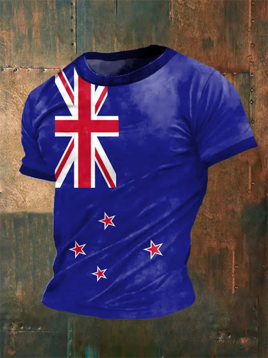 Vintage New Zealand Flag Badge Print Casual Cotton Short Sleeve T-Shirt Blue / S