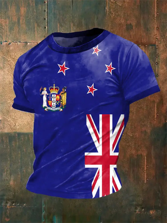Vintage New Zealand Flag Badge Print Casual Cotton Short Sleeve T-Shirt Blue / S